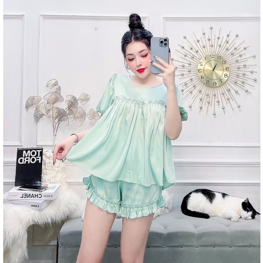 (Fressize shp 50k) Đồ Bộ  Nhistore Lua Latin  Áo Tay Phồng Viền Quần Ngắn Bèo Có Túi Freesize Dưới 57kg