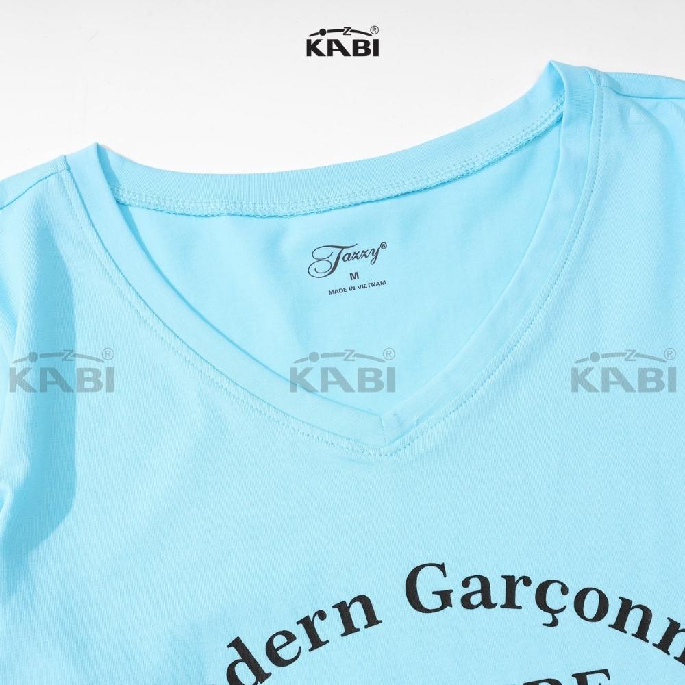 Áo thun tay ngắn nữ KABI áo cotton cổ tim cổ v in chữ basic form dáng ôm - WAN005
