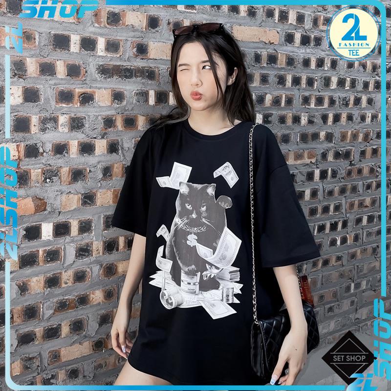 Áo thun tay lỡ unisex form rộng mèo DOLLAR chất cotton mát co dãn giá rẻ