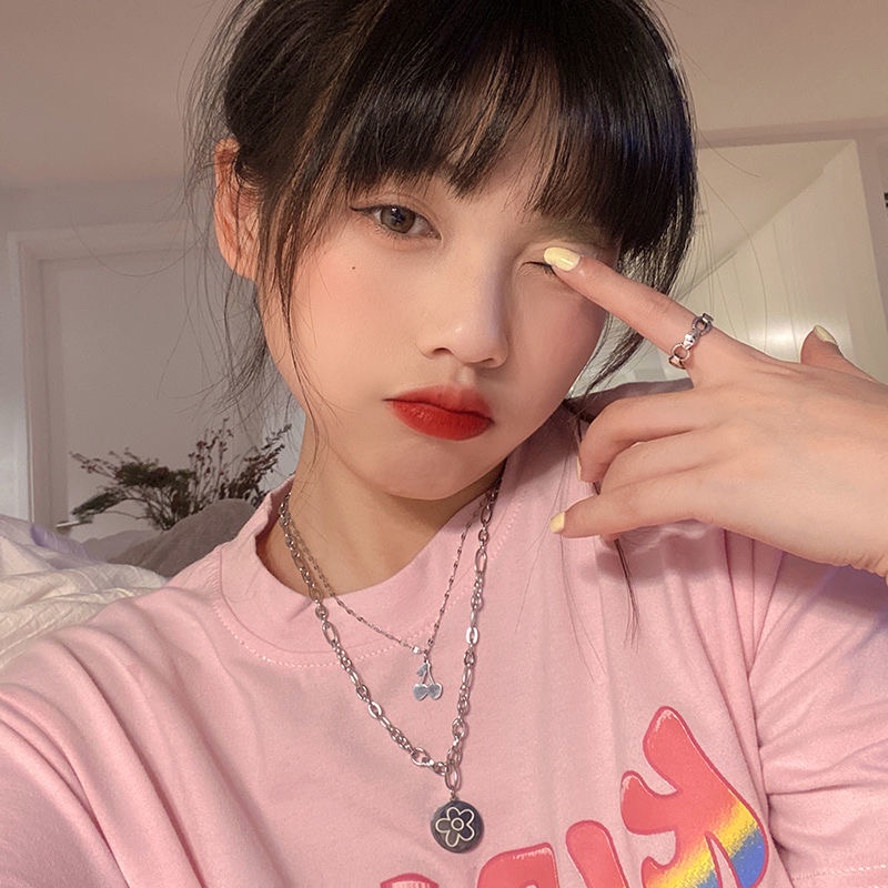 IF ME Dây chuyền hai lớp mặt hình hoa + cherry đơn giản thời trang Hàn Quốc dành cho nữ