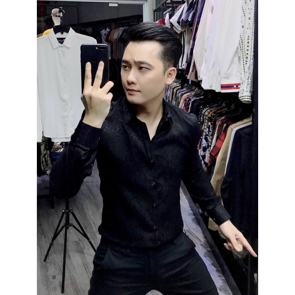 Áo sơ mi nam màu đen dài tay in hoa văn trẻ trung sang trọng