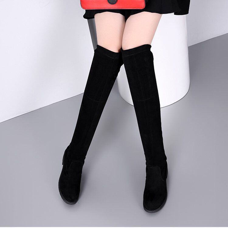 ❤Giày Boot Cao Gót Dáng Dài Qua Gối Bằng Nhung Màu Đen Phong Cách Hàn Quốc Thời Trang Thu Đông Dành Cho Nữ