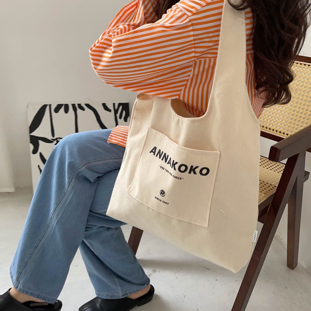 Túi Tote Tròn Vải Canvas Vintage Phong Cách Hàn Quốc