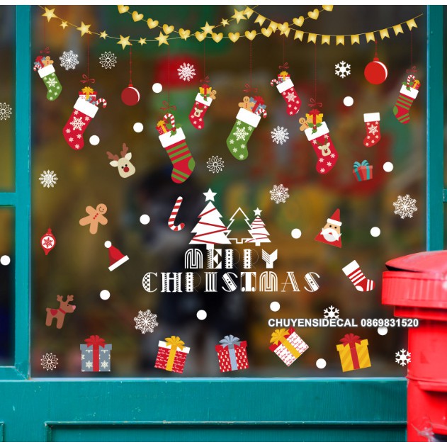 Decal dán tường Noel - Rèm kim tuyến sao tim Kết hợp Vớ sắc màu giáng sinh