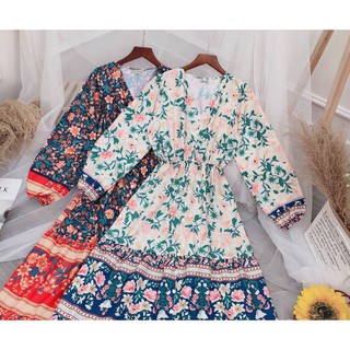 Đầm xoè maxi lụa cổ V tay dài