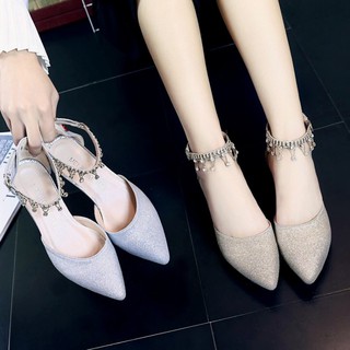 SALE-Giày gót vuông quai nhũ tua rua size 38