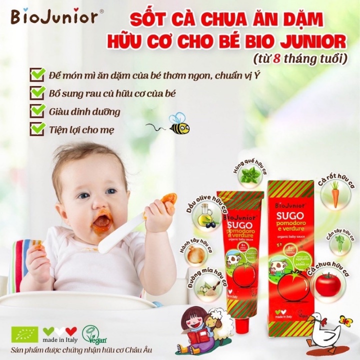 Sốt cà chua hữu cơ Bio Junior cho bé ăn dặm từ 8 tháng. Date 3/2023 - Sweet Baby House