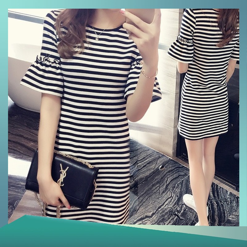 KOREAN STYLE Đầm Tay Ngắn Kẻ Sọc Thời Trang Hàn Quốc Cho Nữ