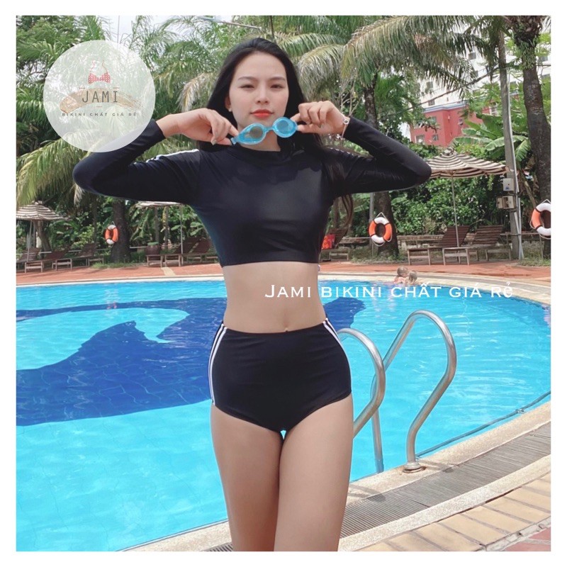 [THANH LÝ BỎ MẪU] ĐỒ BƠI TAY DÀI QUẦN CẠP CAO VIỀN TRẮNG THỂ THAO JAMI - ATD17