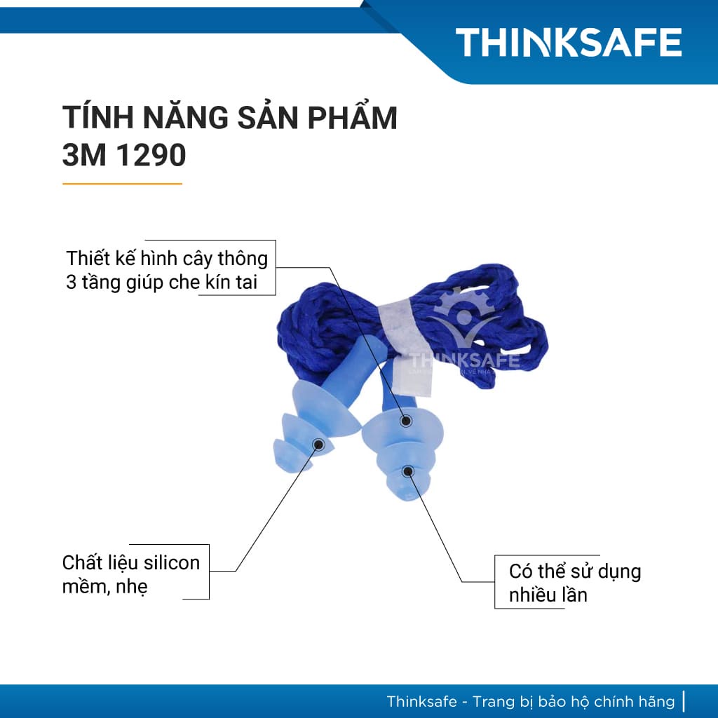 Nút tai chống ồn 3M 1290 có dây chất liệu Silicone, giảm ồn 25 dB - Xanh biển
