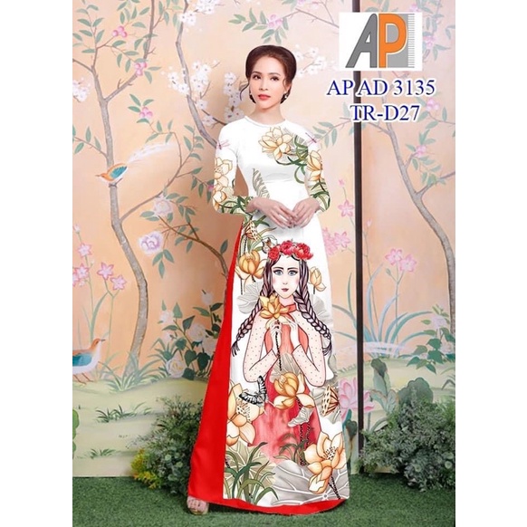 Vải áo dài in 3D Cô gái và hoa sen xinh xắn.Lụa mềm,mịn,mát