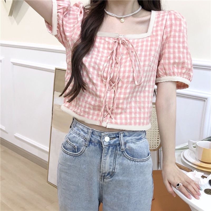 Áo Croptop cổ vuông tay ngắn phong cách Hàn Quốc mã QD097