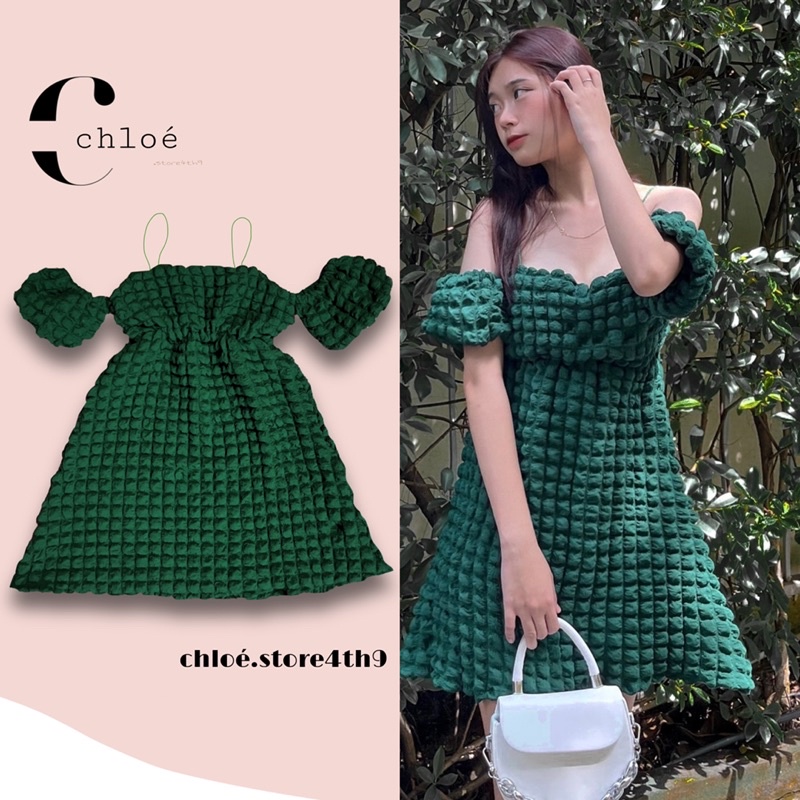 Váy babydoll xếp ô vuông tay phồng, màu xanh rêu