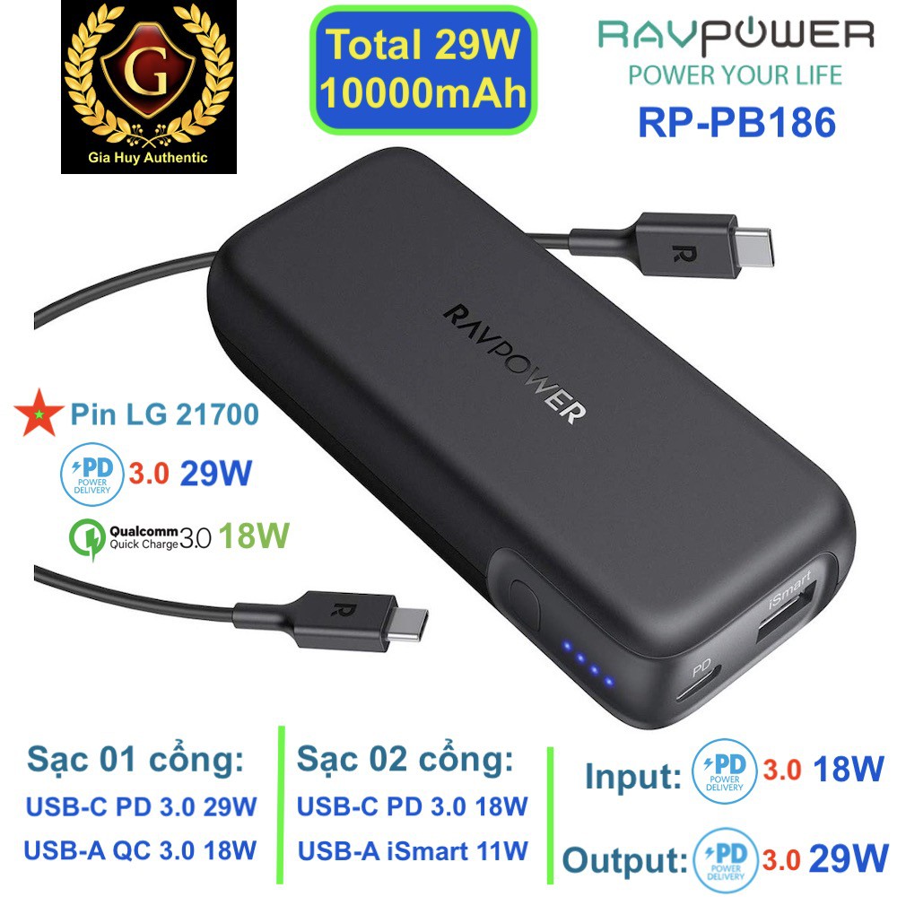 Pin sạc dự phòng Macbook Air RAVPOWER RP-PB186 Pioneer 10000mAh 29W (PD 3.0 29W & QC 3.0 18W)