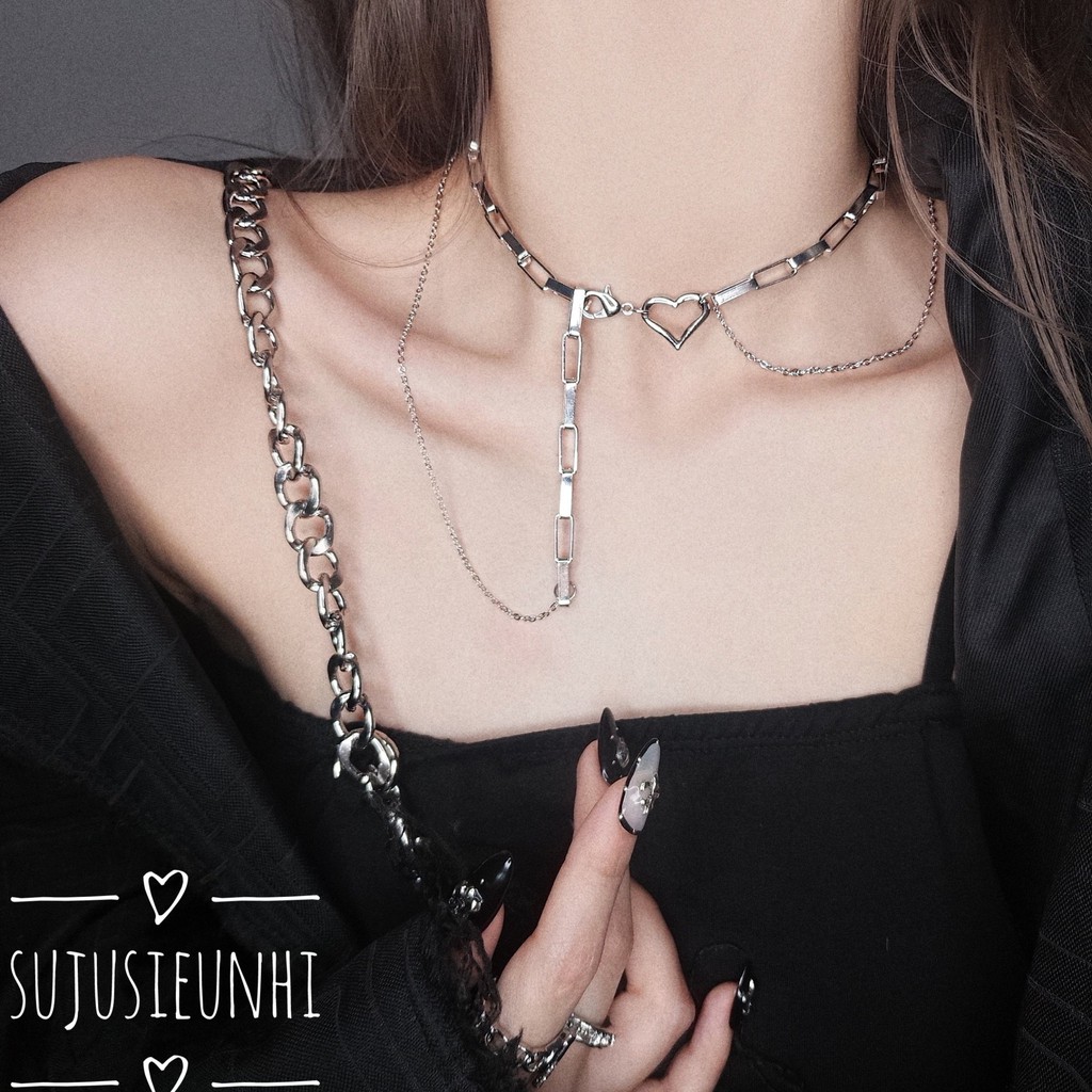 Vòng cổ choker dây đôi xích dài phối hình trái tim nữ tính