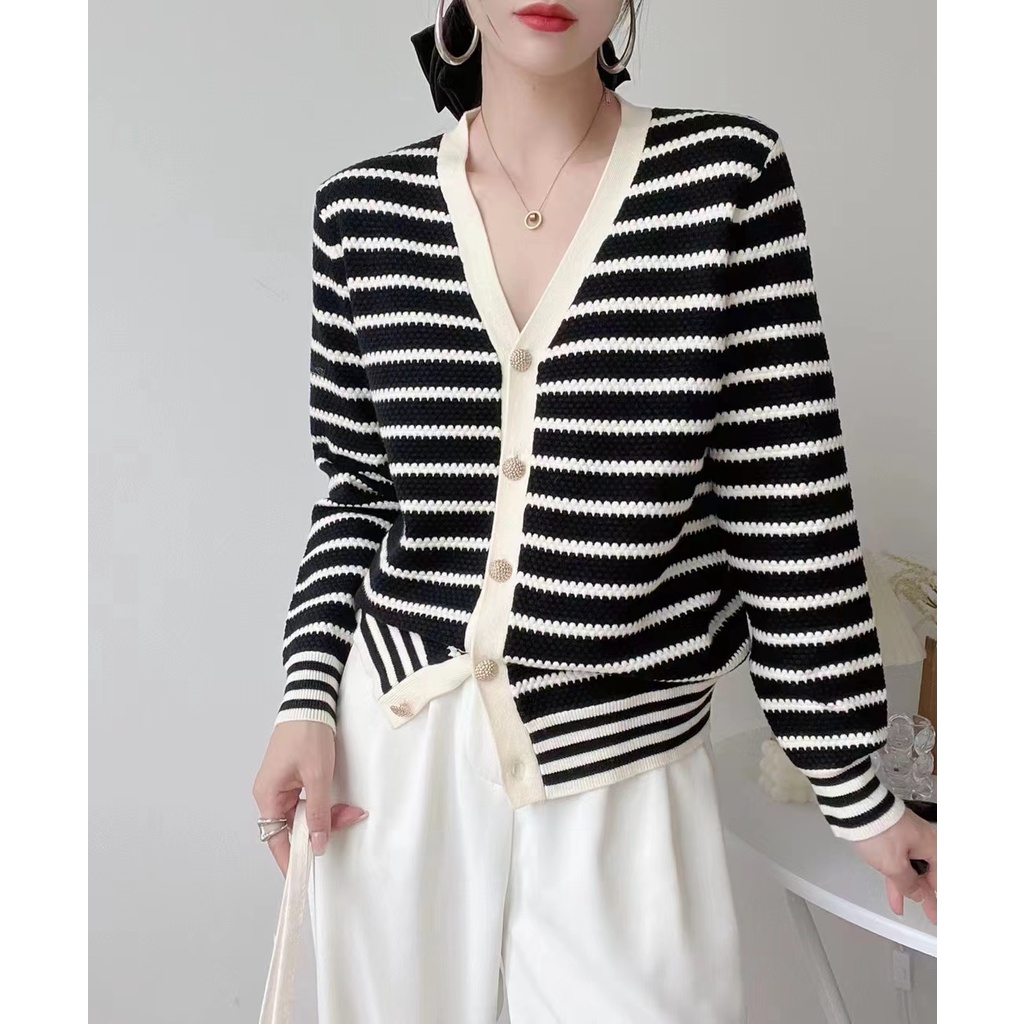 Áo cardigan dệt kim ZHELIHANGFEI tay dài dáng ôm kẻ sọc trẻ trung thời trang