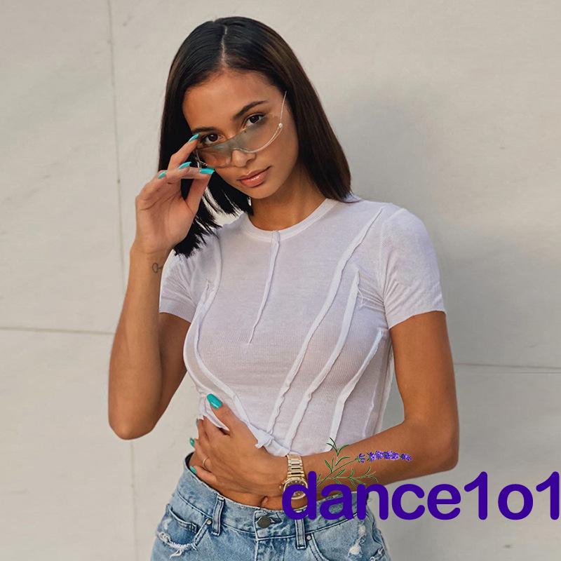 Áo croptop cổ tròn màu trơn thiết kế bất đối xứng phong cách gợi cảm cho nữ DAS