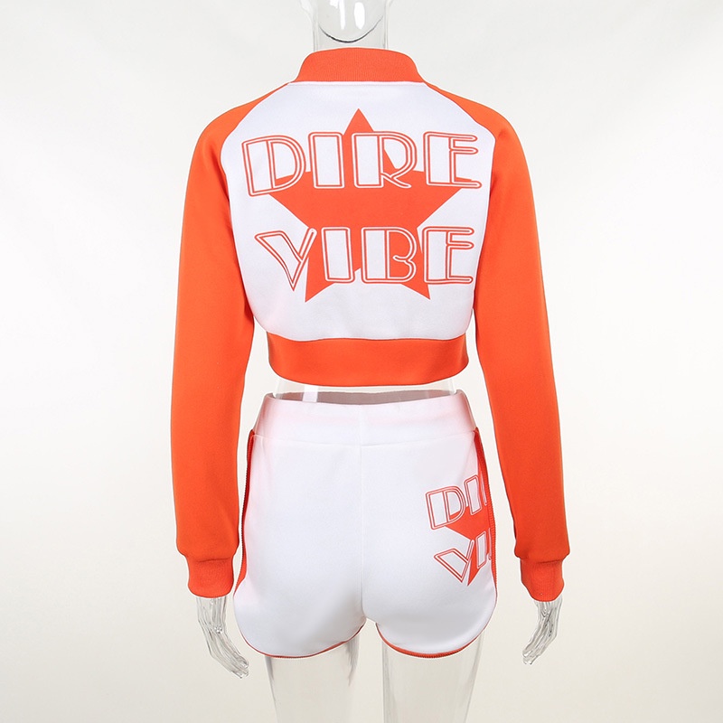 Set Áo Thun Tay Dài Khoá Kéo In Chữ + Quần Sọt Lưng Cao Phong Cách Thể Thao