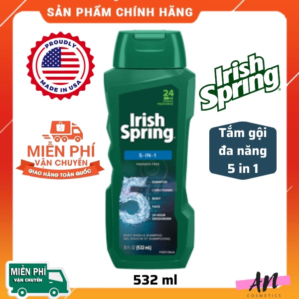 Sữa tắm gội nam Irish Spring 5 in 1 / Sữa tắm Mỹ đa năng gội xả rửa mặt cho nam