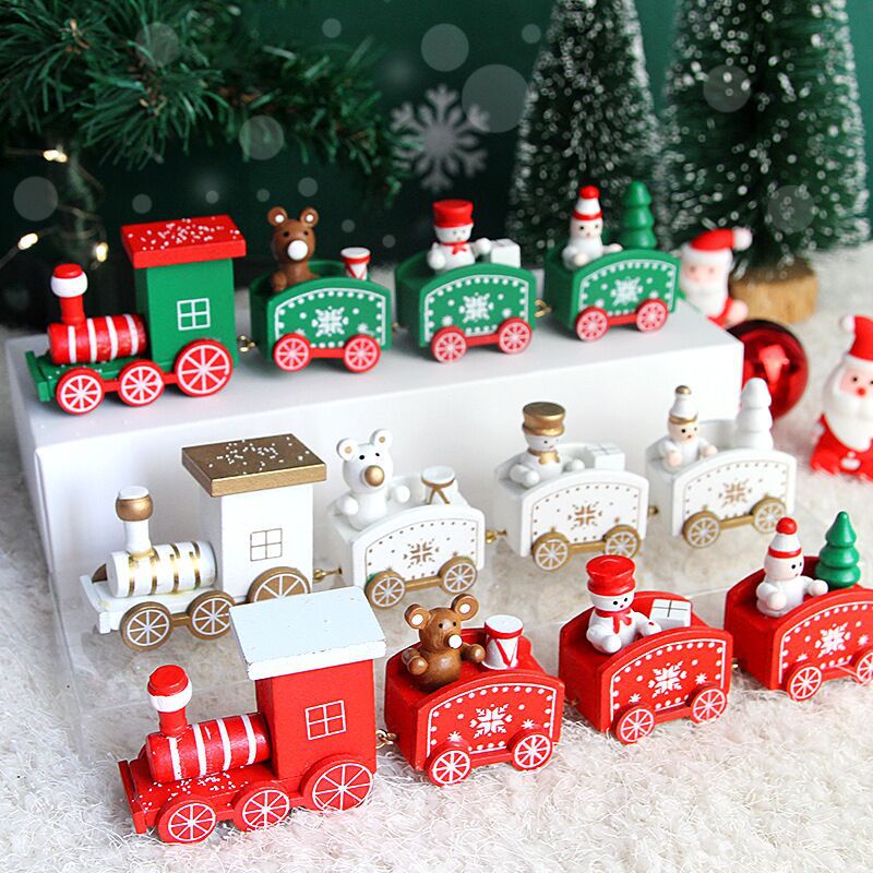 Trang trí Noel, quà tặng noel, set đoàn tàu nhỏ bằng gỗ trang trí giáng sinh