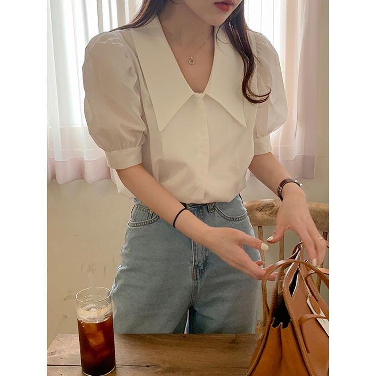 Áo Sơ Mi Tay Ngắn Phồng Cổ Chữ V Dáng Rộng Phong Cách retro Hàn Quốc Thời Trang Mùa Hè 2022 Cho Nữ