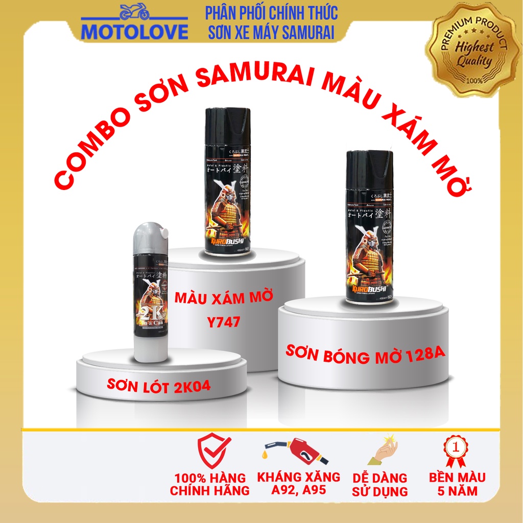 Combo Sơn Samurai màu xám mờ Y747  loại 2K chuẩn quy trình độ bền 5 năm gồm 2K04 -  Y747 -2k01