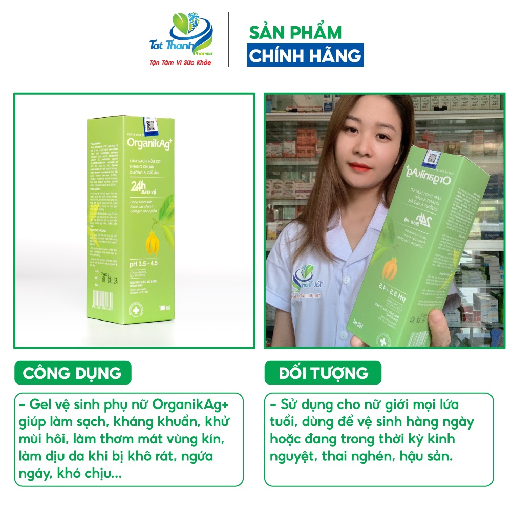 Gel vệ sinh phụ nữ OrganikAg+ Tất Thành Pharma làm sạch khử mùi hôi 180ml