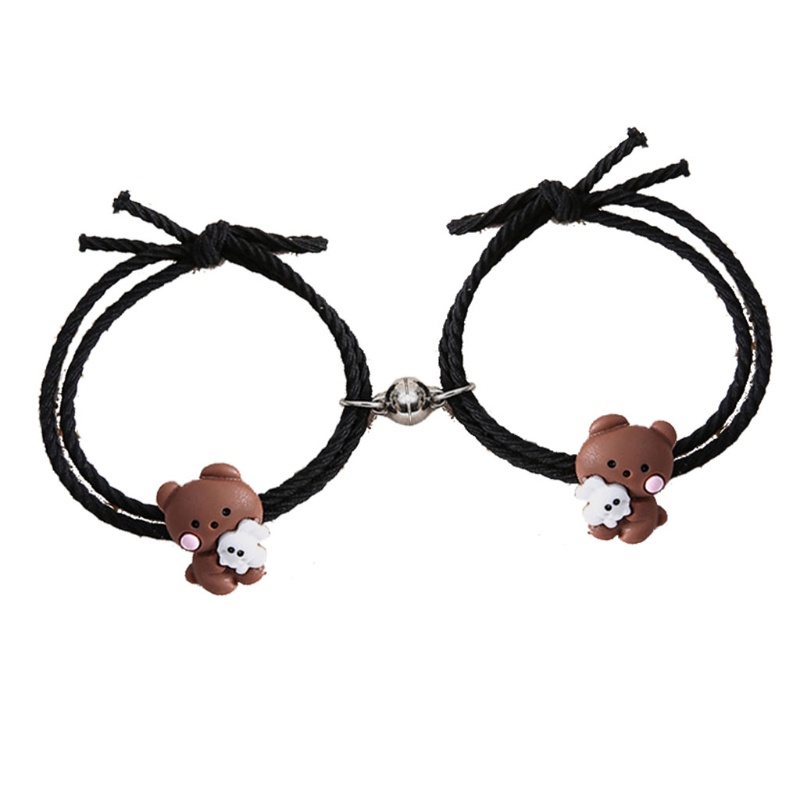 Set 2 vòng tay dây co giãn màu hồng/đen hình gấu/thỏ dễ thương cho cặp đôi