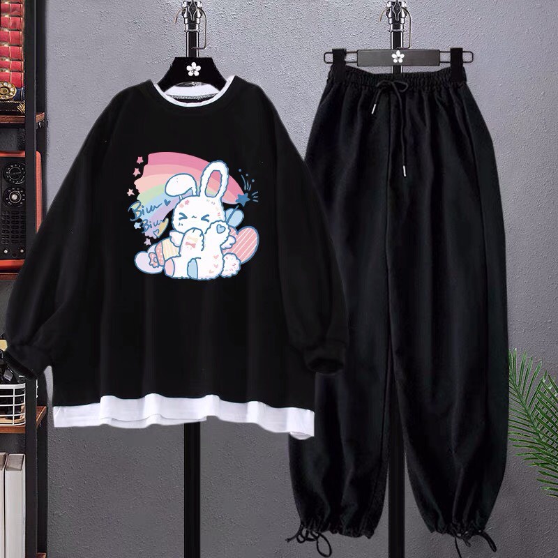 Sét bộ áo nỉ bo gấu trắng thỏ cầu vồng + quần bom chun , Áo nỉ Unisex from rộng, thiết kế phong cách hàn quốc - MODY