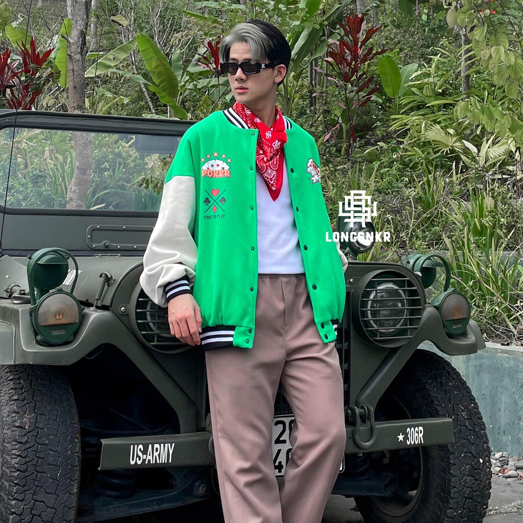 _ Áo khoác Varsity Green họa tiết Longsnkr chất nỉ giữ nhiệt và thoáng - Bomber /Vars