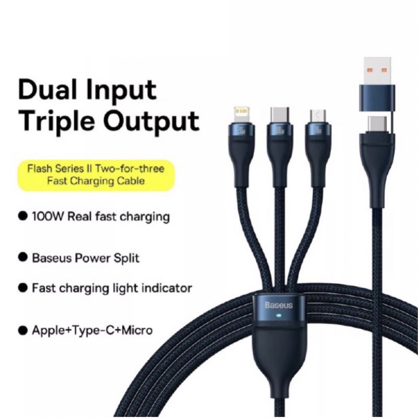 Cáp sạc nhanh 3 đầu 100w qc4.0 Baseus lightning type c micro usb dây 3 in 1 dài 1.2m cho iphone samsung xiaomi ...