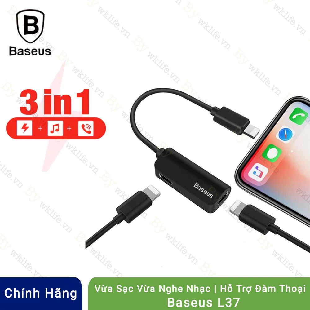 Cáp chuyển đổi 2 cổng lightning vừa nghe vừa sạc hỗ trợ míc chính hãng baseus L37