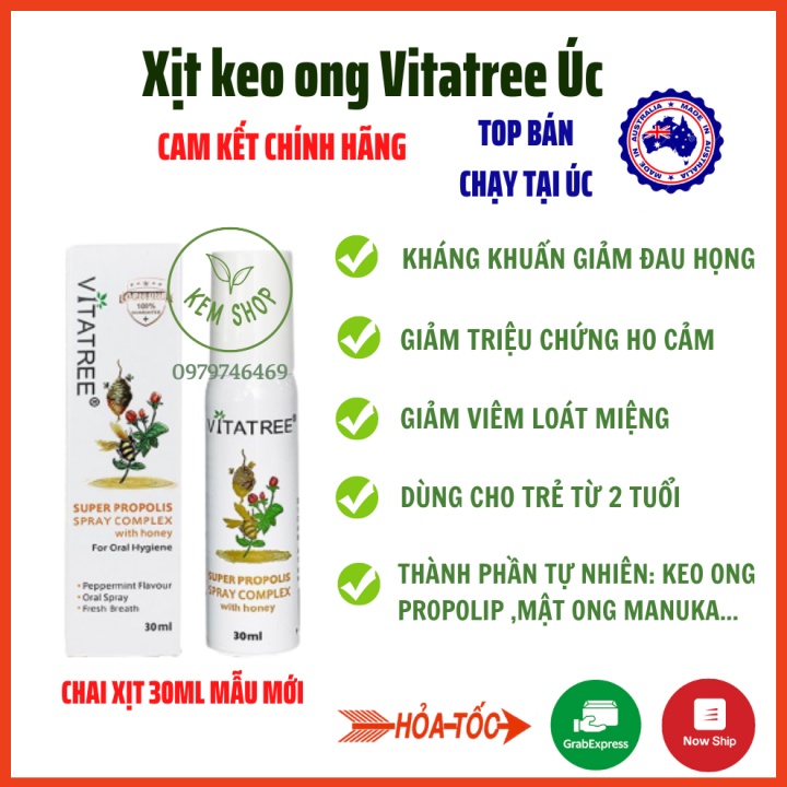 [Cam kết chính hãng] Xịt keo ong Vitatree 30ml, Vitatree Super Propolis Spray complex with Honey, Úc (mẫu mới 30ml)