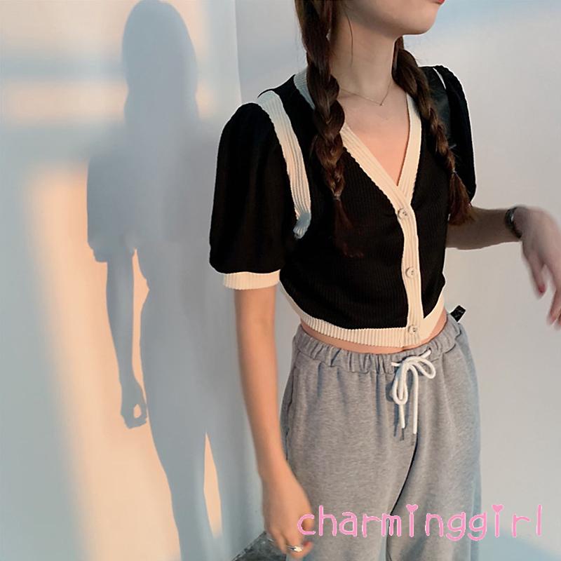Áo cardigan dệt kim tay phồng cổ chữ V cài nút màu sắc tương phản thời trang cho nữ