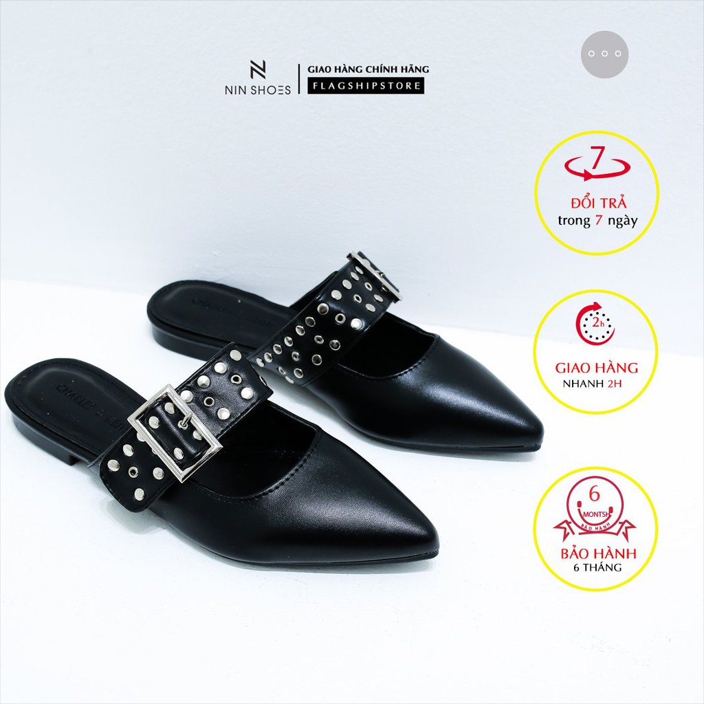 Dép sục nữ Nin shoes - Sục nữ mũi nhọn quai ngang đính đinh 3 màu thời trang cao cấp