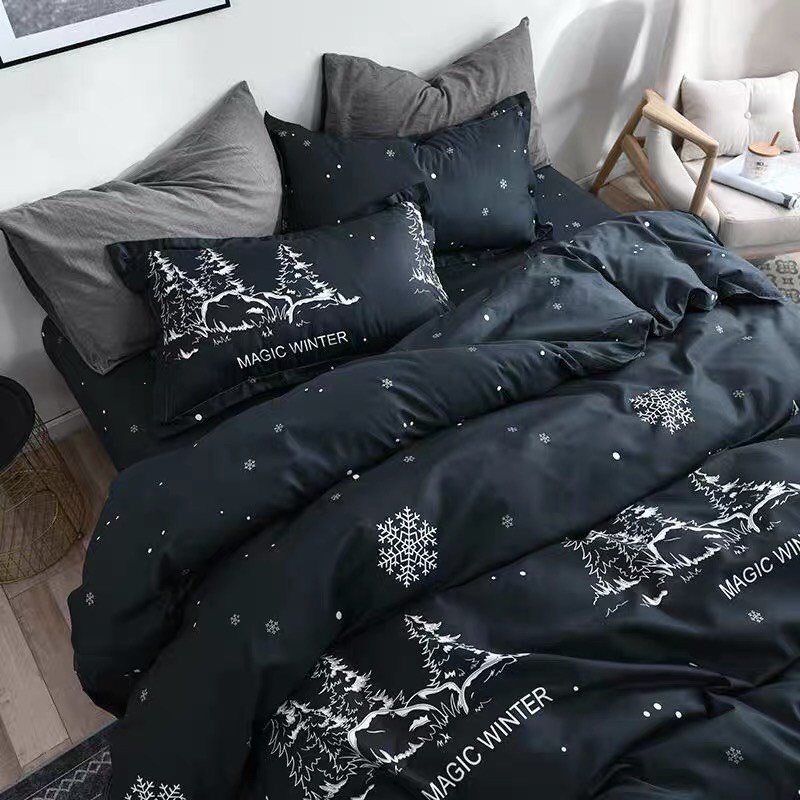 Bộ chăn ga gối cotton poly Lidaco decor phòng ngủ vintage - Cây thông đen