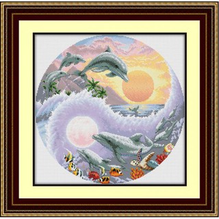 Tranh Thêu Chữ Thập (THÊU TOÀN BỘ) Cá Heo Mặt Trời Và Mặt Trăng RY1626 (KHÁCH TỰ THÊU) KT:58X58CM