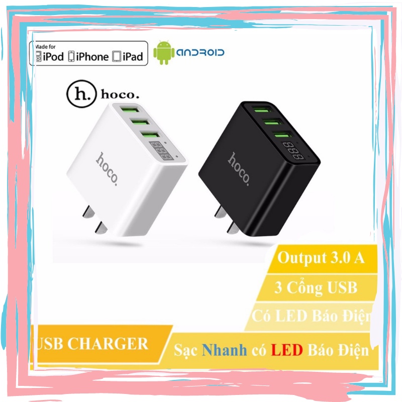 Củ sạc 3 cổng USB Hoco C15 Hàng sách tay cao cấp, Củ sạc nhanh có màn LED hiển thị đo dòng