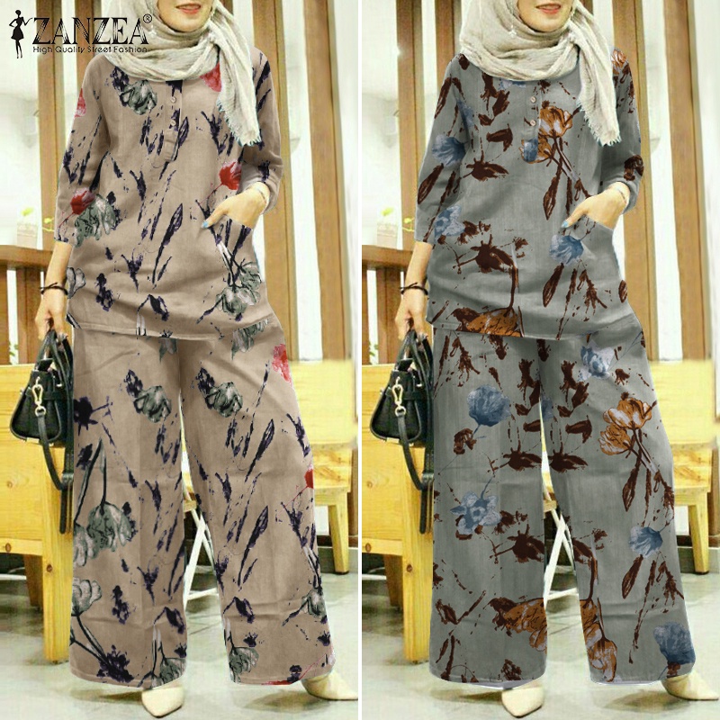 Zanzea Set Đồ Hồi Giáo Tay 3/4 In Họa Tiết Vintage Cho Nữ