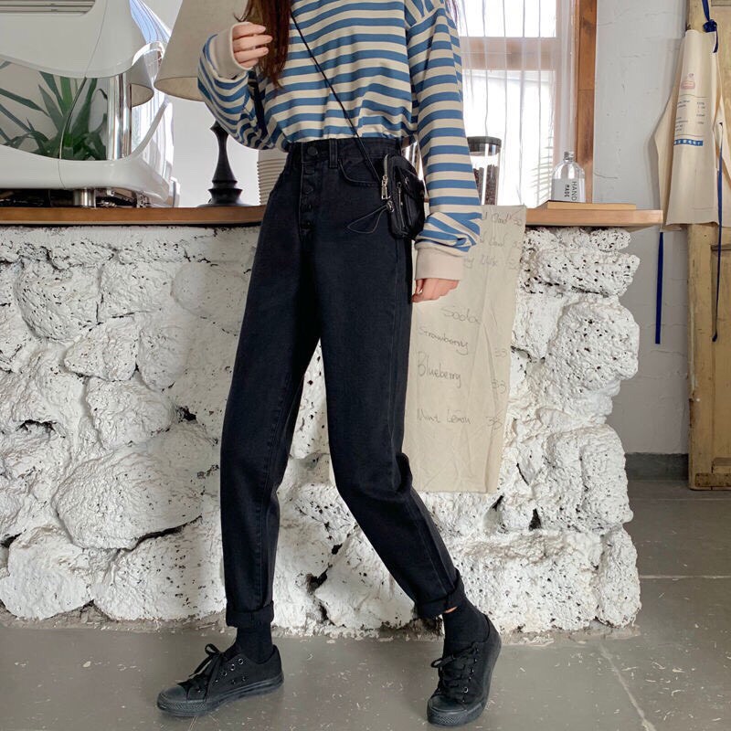 MQ Fashion - Quần baggy Nữ phối hàng nút tinh tế, form ống rộng, wash đen trơn, PC năng động - Hot trend 2021 | BigBuy360 - bigbuy360.vn