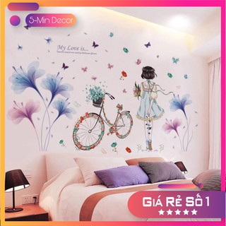 Combo decal dán tường cô gái và hoa cánh mỏng xanh