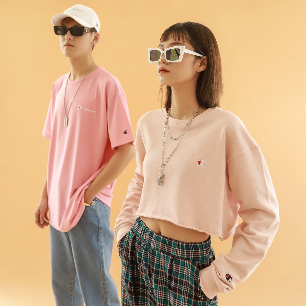 Áo Croptop Tay Dài Nữ Thêu Chữ Champion Form Đẹp-Đường Thêu Tỉ Mỉ-Chất Vải Nỉ Da Cá Thoải Mái-Màu Hồng Nhạt Dễ Phối Đồ