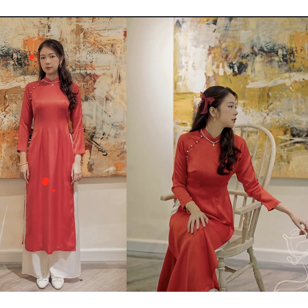 Áo Dài " Tú Thanh ",  Áo Dài Truyền Thống Chất Lụa Ngọc Trai  2 Tà  Đính Cúc Trai Cao Cấp