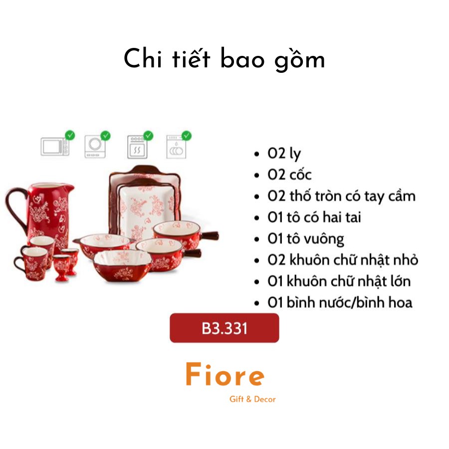 Bộ bát - bộ bát đĩa sứ 12 món nền đỏ hoa trắng sang trọng - phụ kiện bàn ăn B3.331