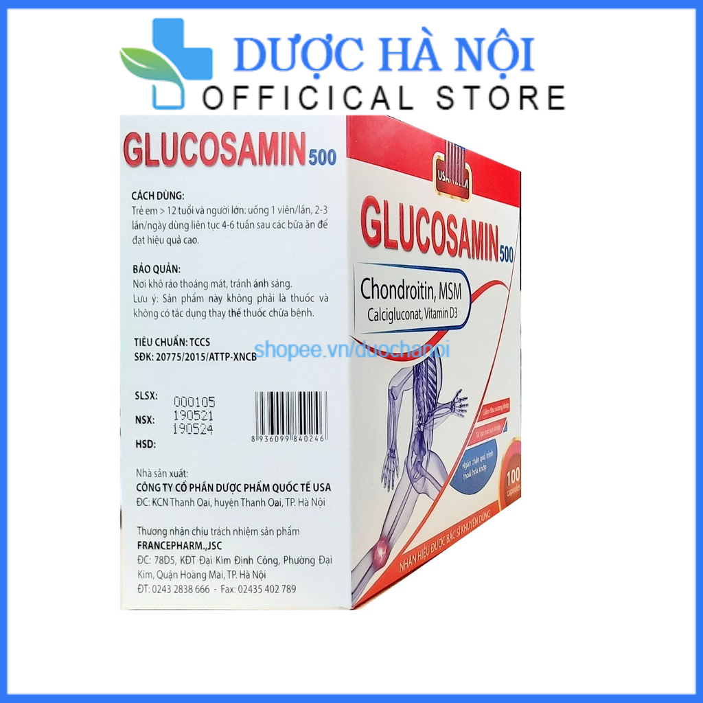 Viên xương khớp Glucosamin 500mg bỏ sung canxi d3 giảm đau nhức mỏi xương khớp , chống thoái hóa Hộp 100 viên