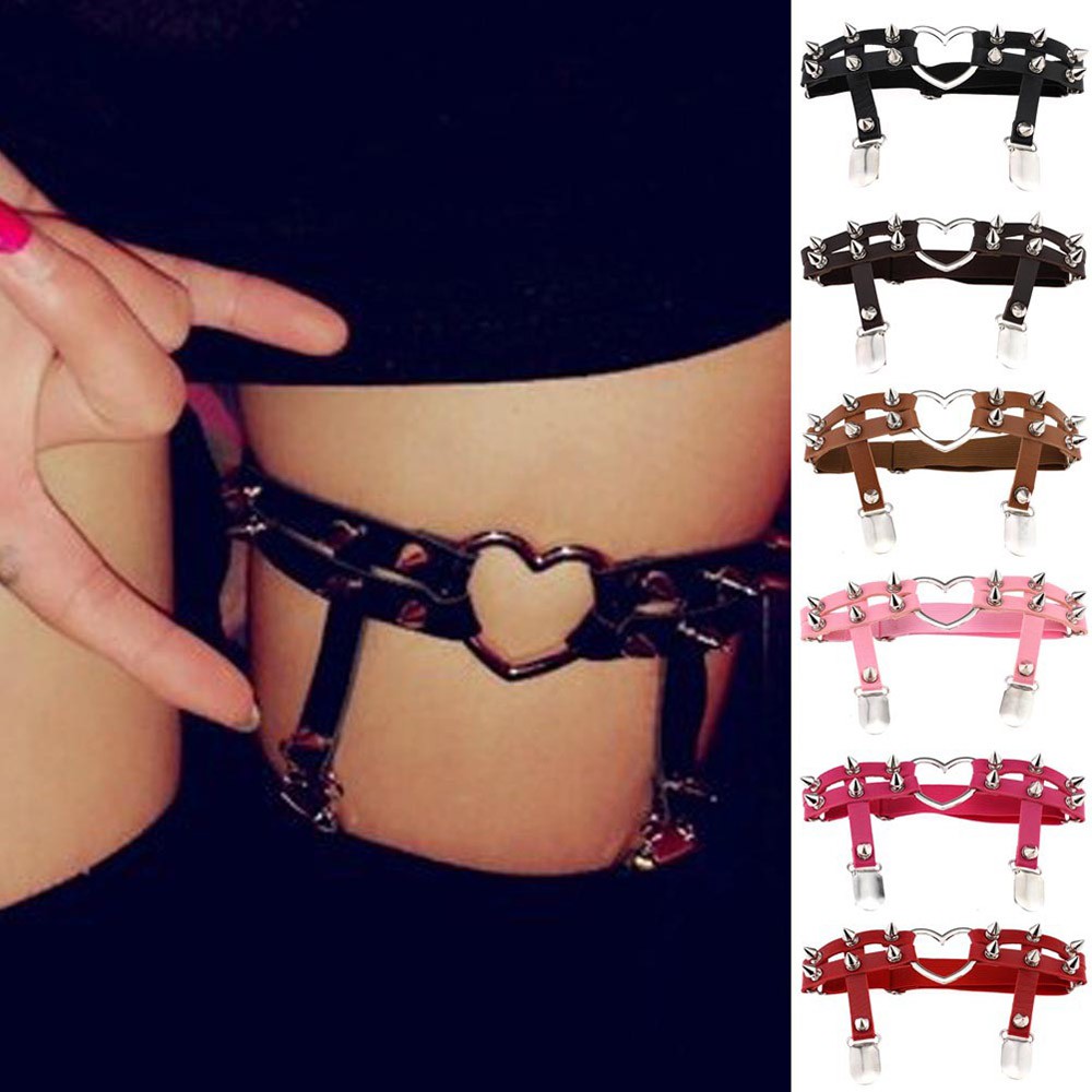 👗KAREN💍 Women Heart Ring Thigh Elastic Suspender Garter Belt Sexy Stud PU Leather Gothic Punk Rivet/Multicolor