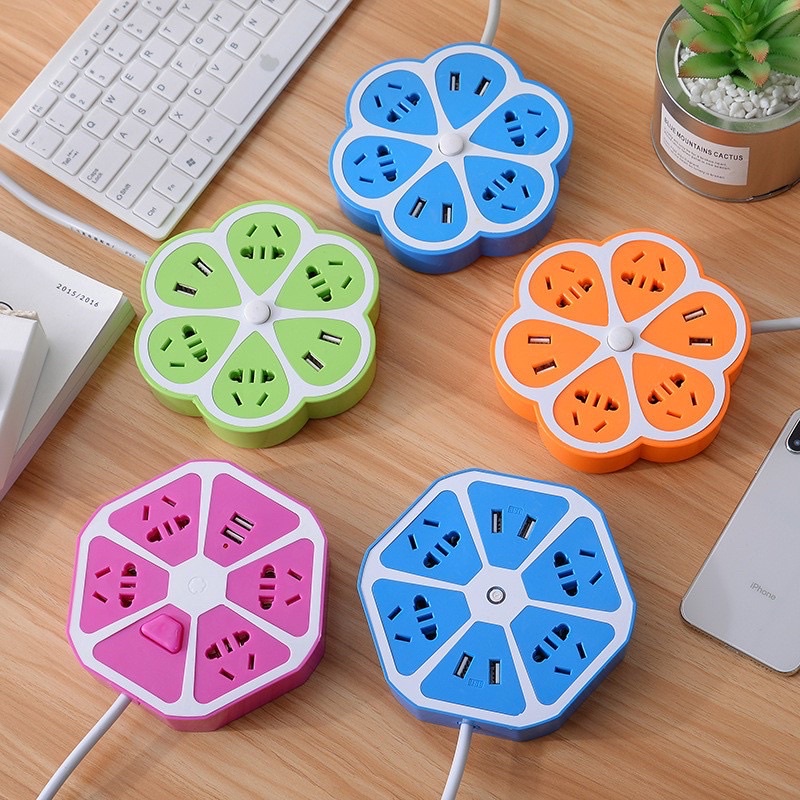 Ổ cắm điện hình trái cam có nút ngắt điện, 4 ổ cắm &amp; 2 cổng sạc usb tiện dụng - Ổ điện đa năng cho điện thoại, ipad