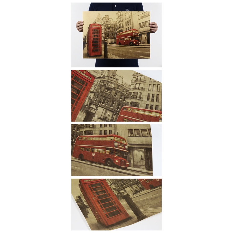 Tranh poster họa tiết bốt điện thoại và xe buýt phong cách cổ điển độc đáo dùng trang trí nội thất