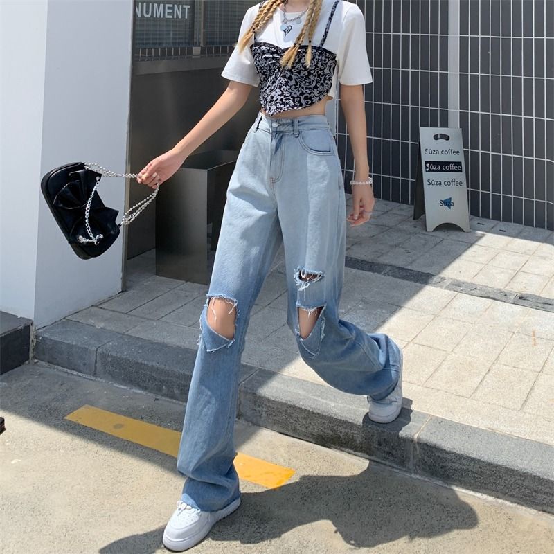 Quần Jeans Dài Lưng Cao Ống Rộng Phối Vết Rách Màu Sắc Vintage Cho Nữ