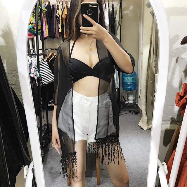 Kimono voan đen tua rua kèm đai buộc hàng thiết kế